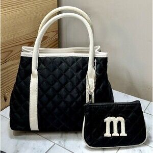 Initial “M” BLACK & WHITE FABRIC QUILTED SACHEL BAG Audrey Hepburn Style*Flaw